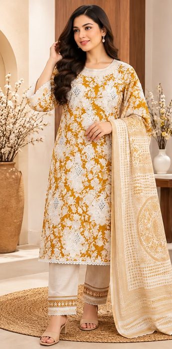Design 04 – Mustard Floral Embroidered 3 Piece