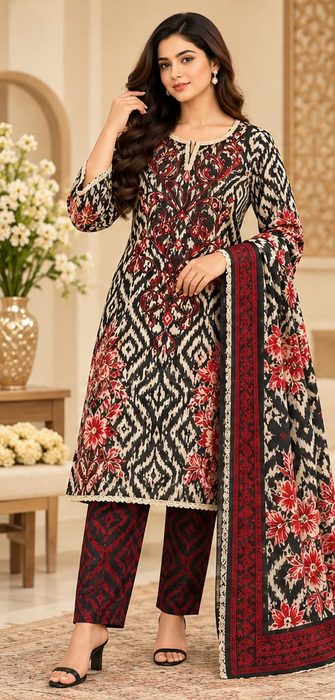 Design 05 – Black Red Ikat Embroidered 3 Piece