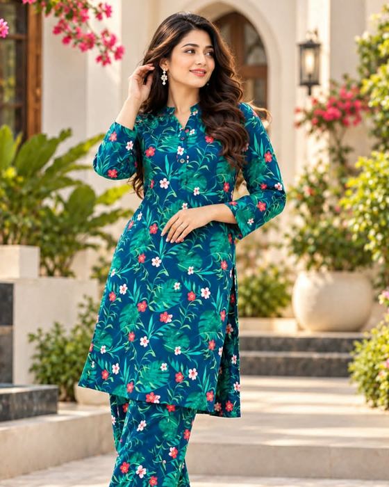 Floral Top and Pant Set – Teal Blue