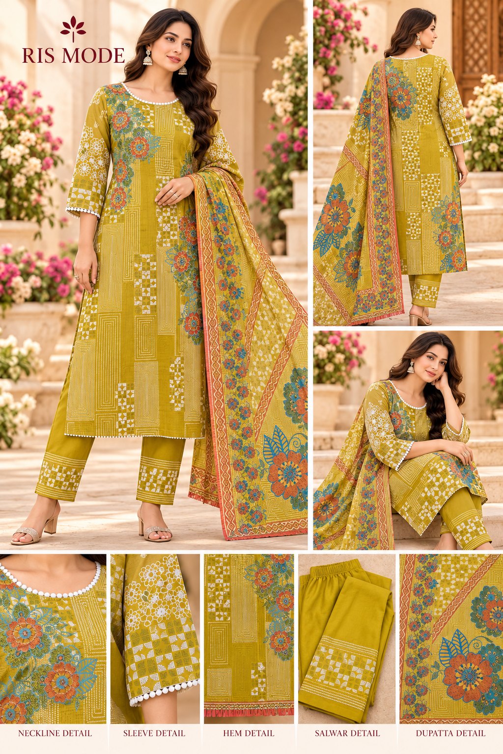 Design 11 – Lime Green Patchwork Floral 3 Piece – লাইম গ্রিন প্যাচওয়ার্ক ফ্লোরাল থ্রি পিস