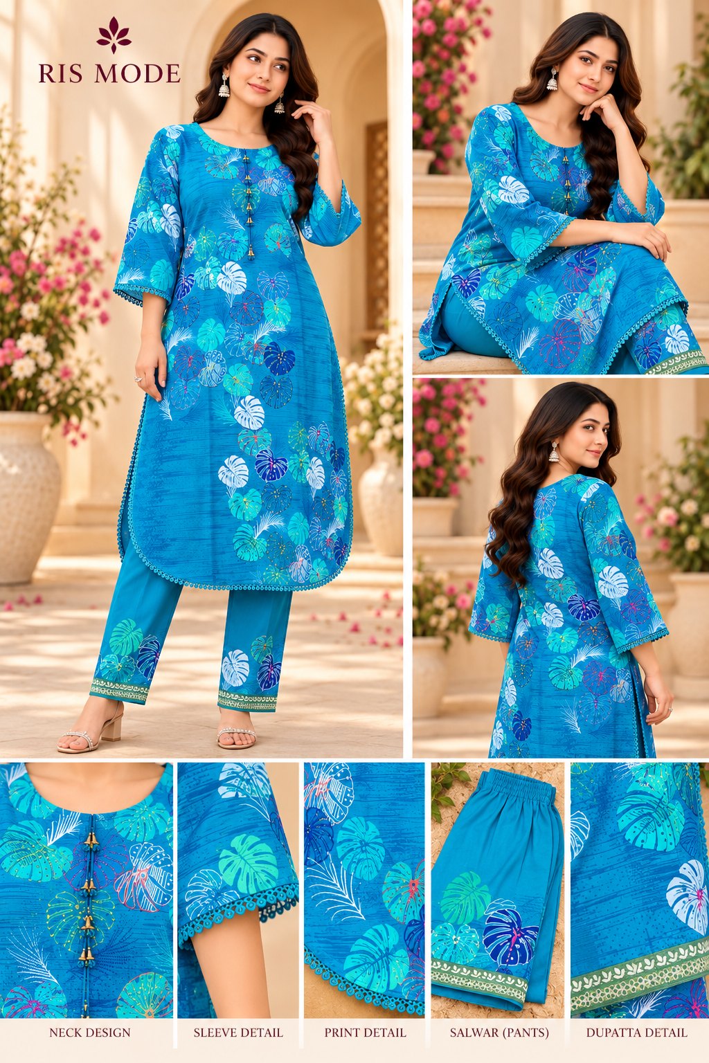 Design 12 – Turquoise Leaf Print 3 Piece – টারকোয়েজ লিফ প্রিন্ট থ্রি পিস
