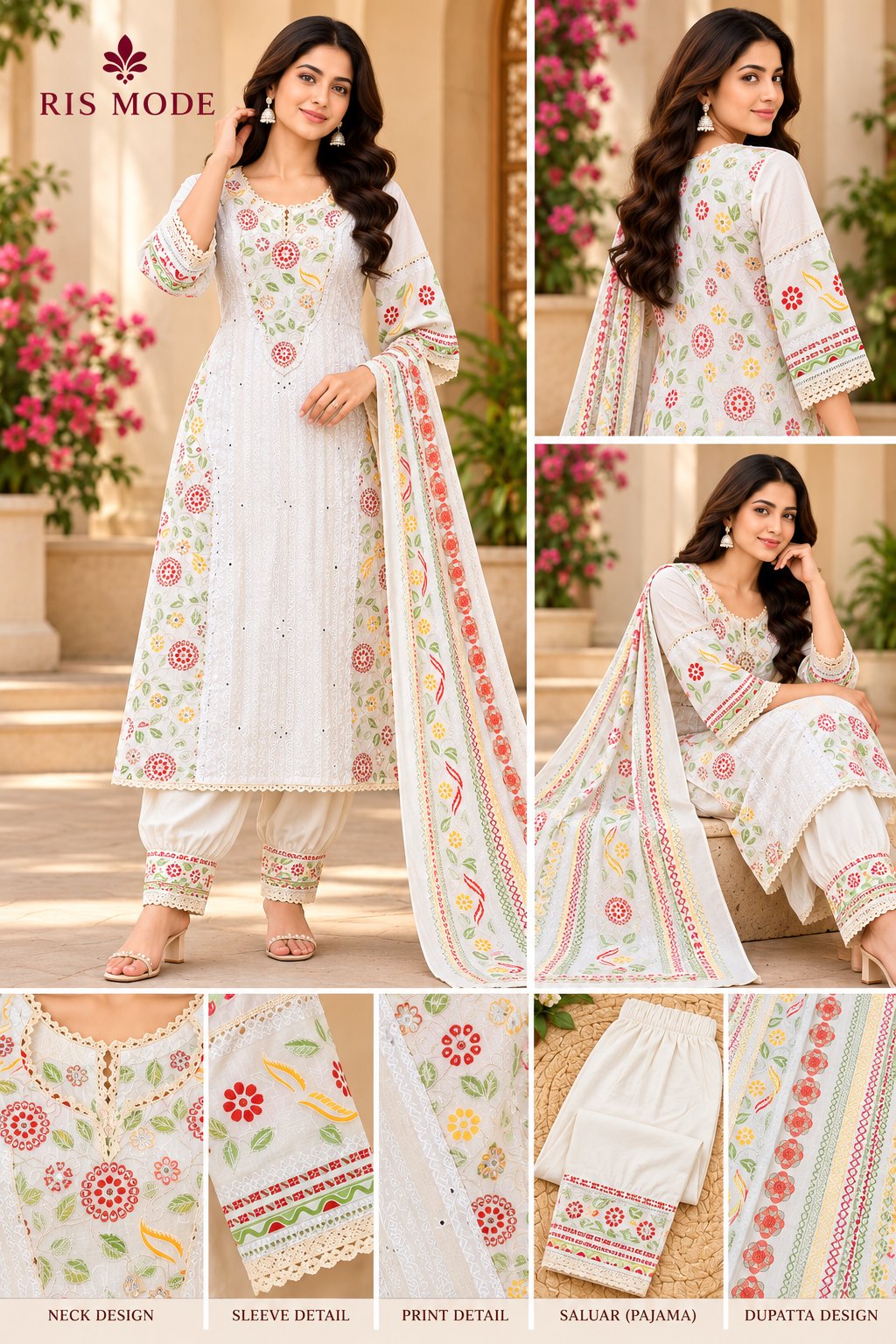 Design 13 – White Chikankari Floral 3 Piece – সাদা চিকনকারি ফ্লোরাল থ্রি পিস