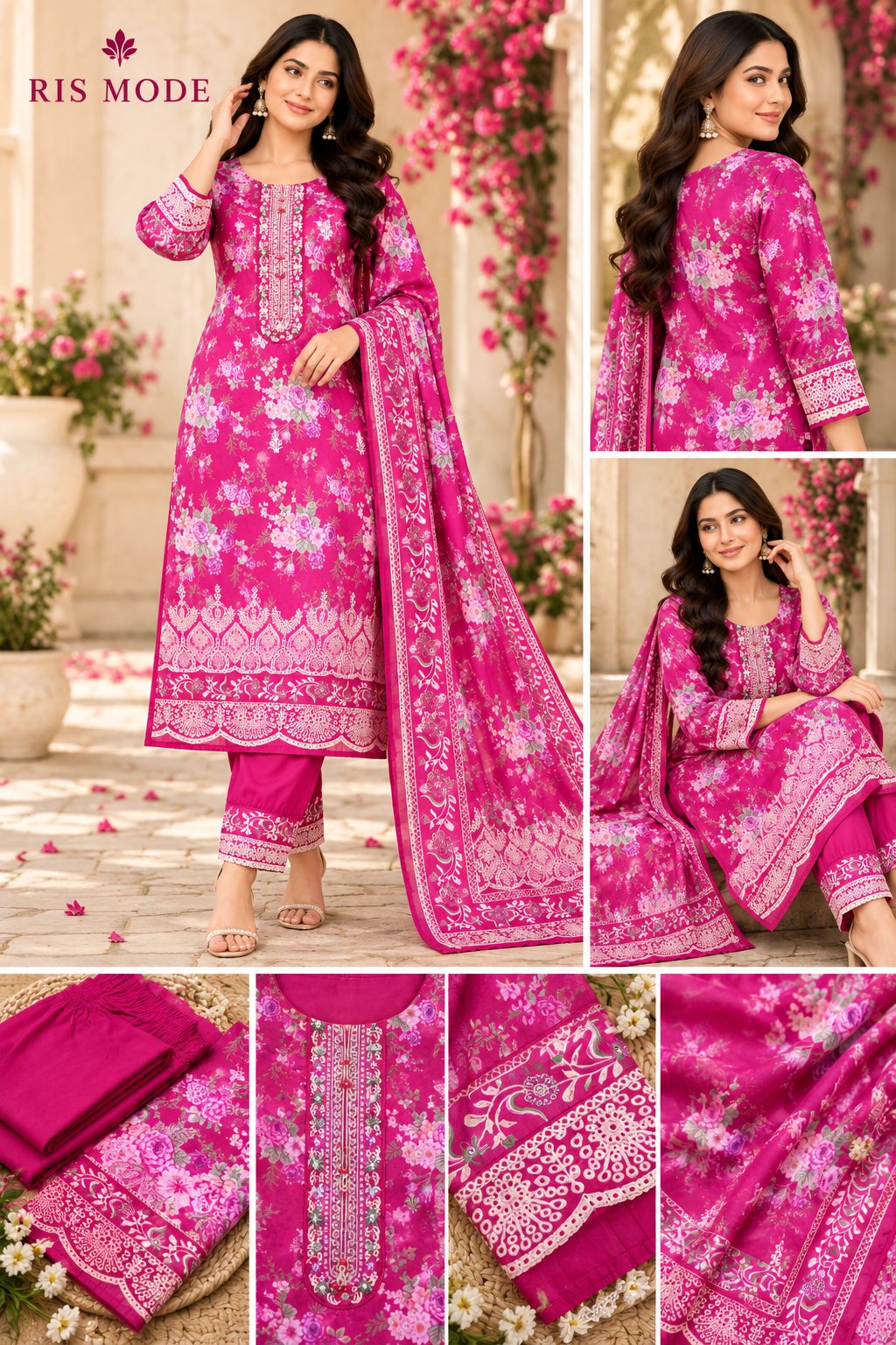 Design 14 – Magenta Floral Print 3 Piece – ম্যাজেন্টা ফ্লোরাল প্রিন্ট থ্রি পিস