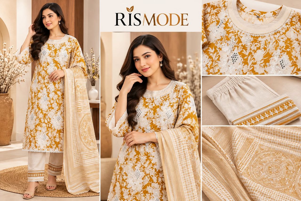 Design 04 – Mustard Floral Embroidered 3 Piece – মাস্টার্ড ফ্লোরাল এমব্রয়ডারি থ্রি পিস