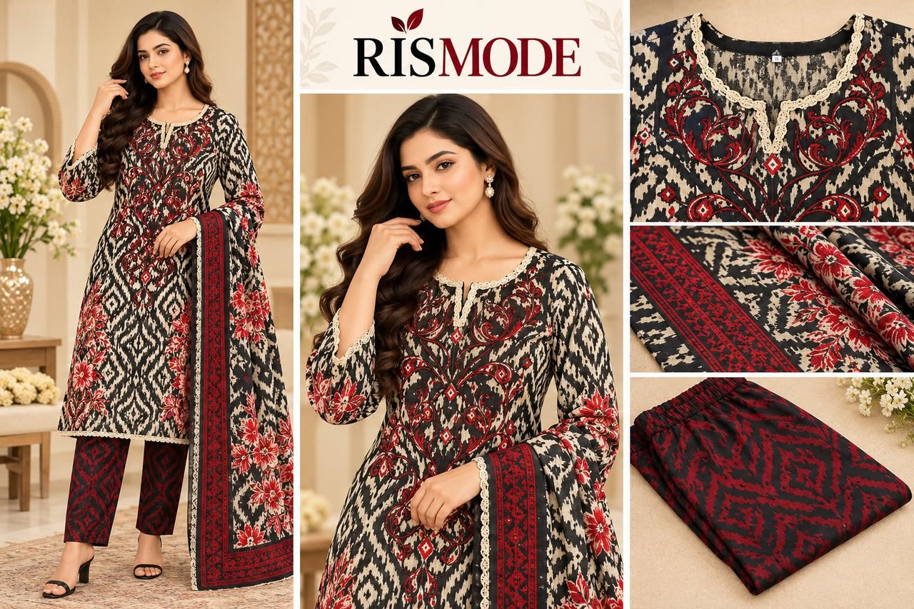 Design 05 – Black Red Ikat Embroidered 3 Piece – কালো-লাল ইকাত এমব্রয়ডারি থ্রি পিস