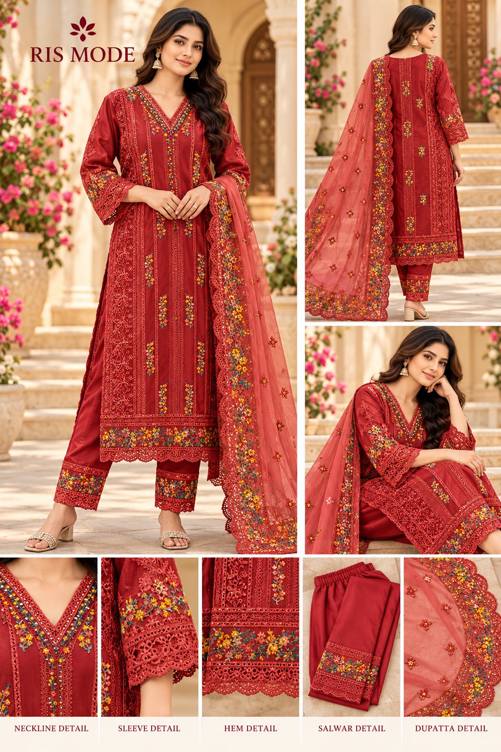 Design 09 – Red Cutwork Embroidered 3 Piece – লাল কাটওয়ার্ক এমব্রয়ডারি থ্রি পিস