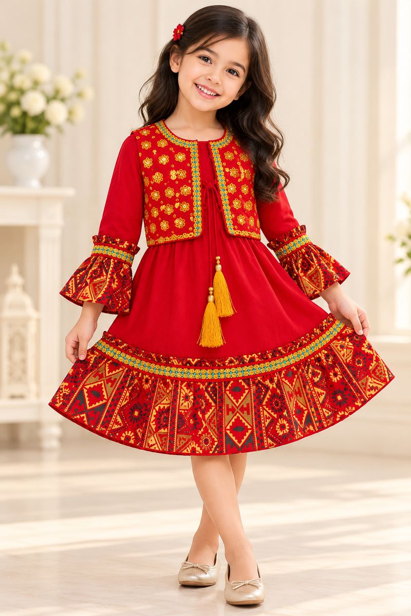 Red Frock with Embroidered Koti – এমব্রয়ডারি কোটি সহ লাল ফ্রক
