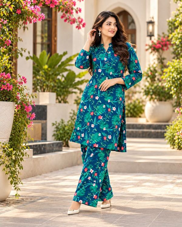 Floral Top and Pant Set – Teal Blue – টিল ব্লু ফ্লোরাল টপ ও প্যান্ট সেট