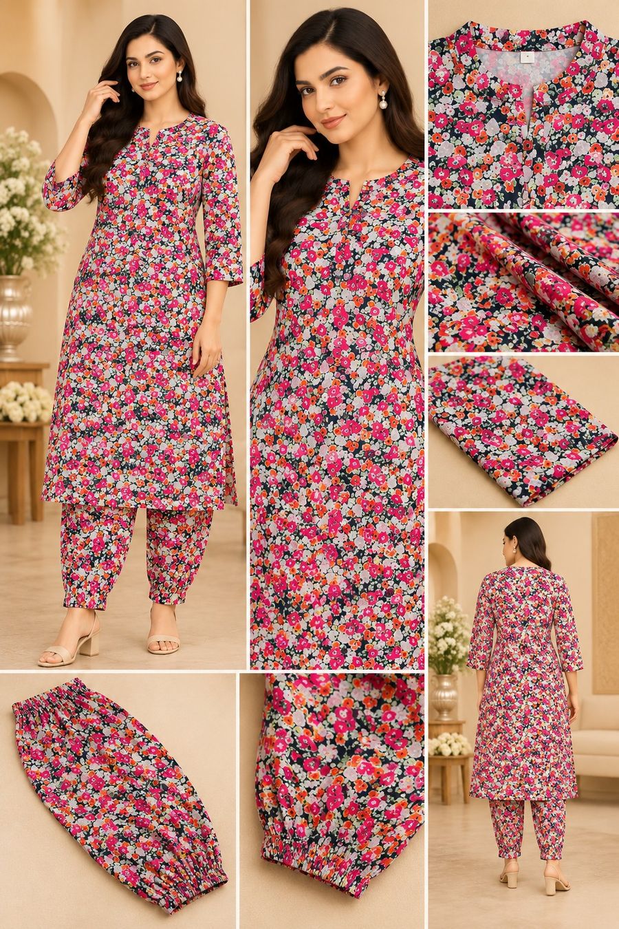 Pink Floral Top and Pant Set – পিংক ফ্লোরাল টপ ও প্যান্ট সেট