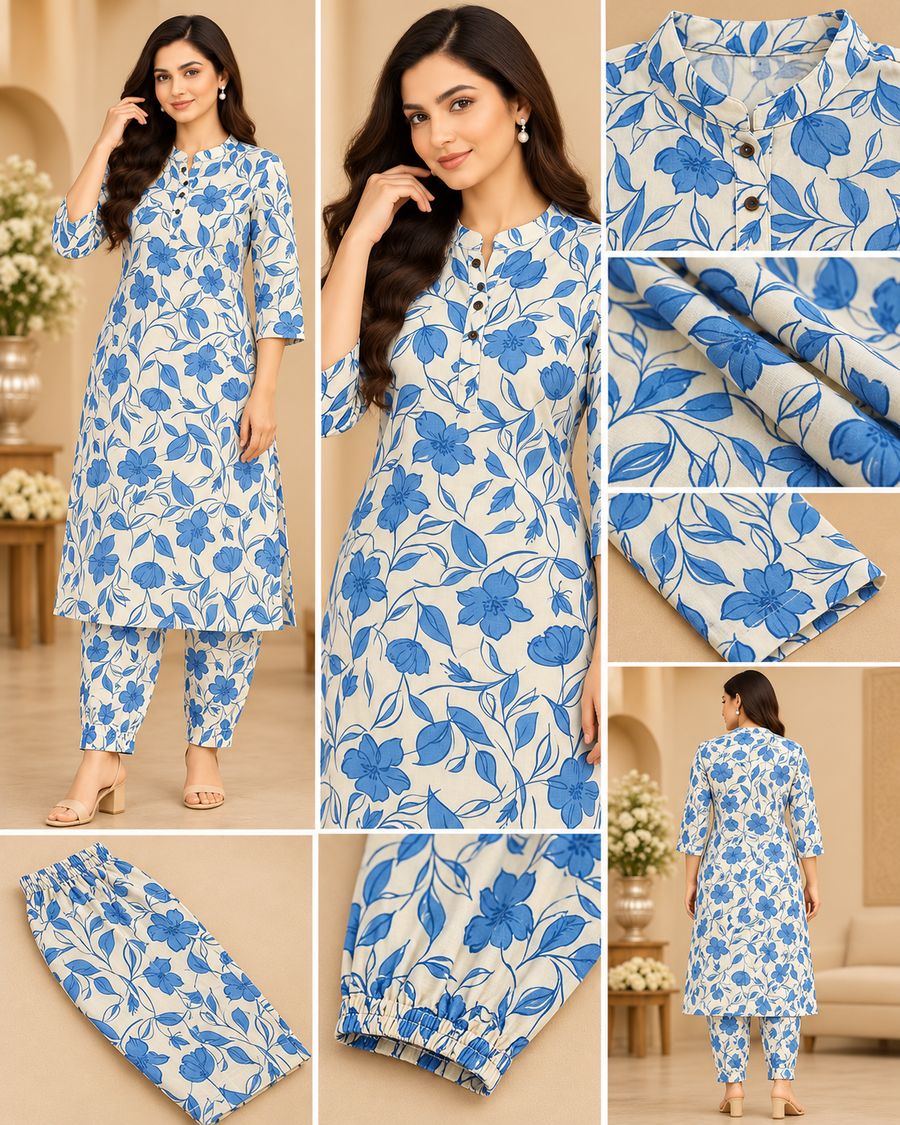 Blue Floral Top and Pant Set – ব্লু ফ্লোরাল টপ ও প্যান্ট সেট